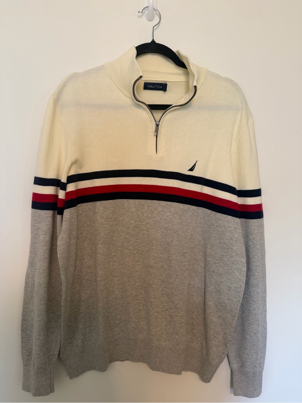 Nautica Men's Cream, Gray & Navy Zip-Neck Sweater with Red Stripe